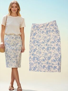 A New Day Blue & White Floral Pencil Skirt | Size 14 | Coastal Chic Classic